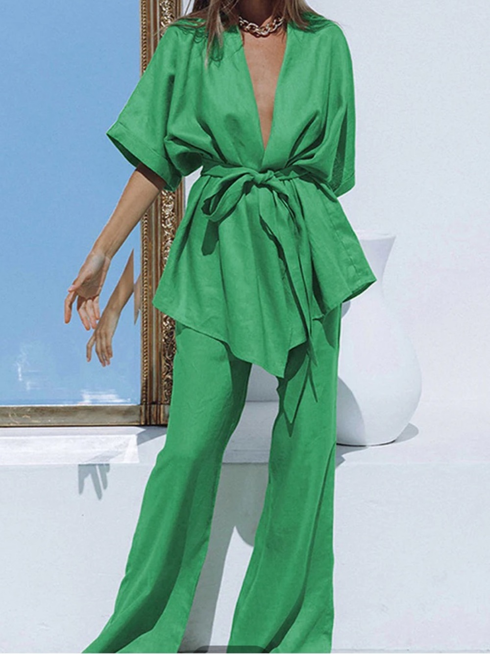 Commense Bright Green Set Vaca Set Size L Cotton Linen Set